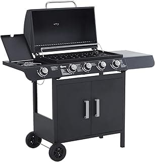Outsunny Barbacoa de Gas con 4+1 Quemadores 14,4 KW Mesas Laterales Armario de Almacenaje 