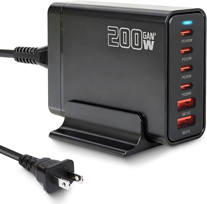 Cargador USB-C GaN 200 W, 6 puertos